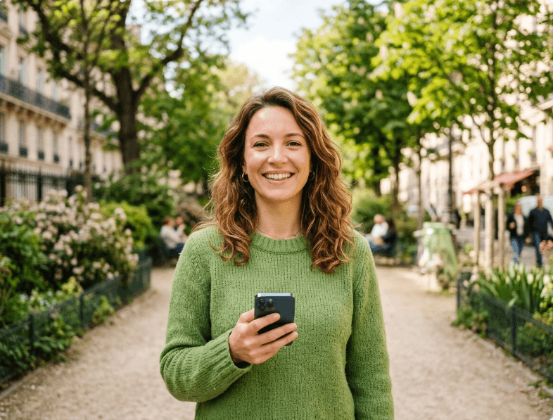 Une femme souriante consulte son téléphone à l’extérieur